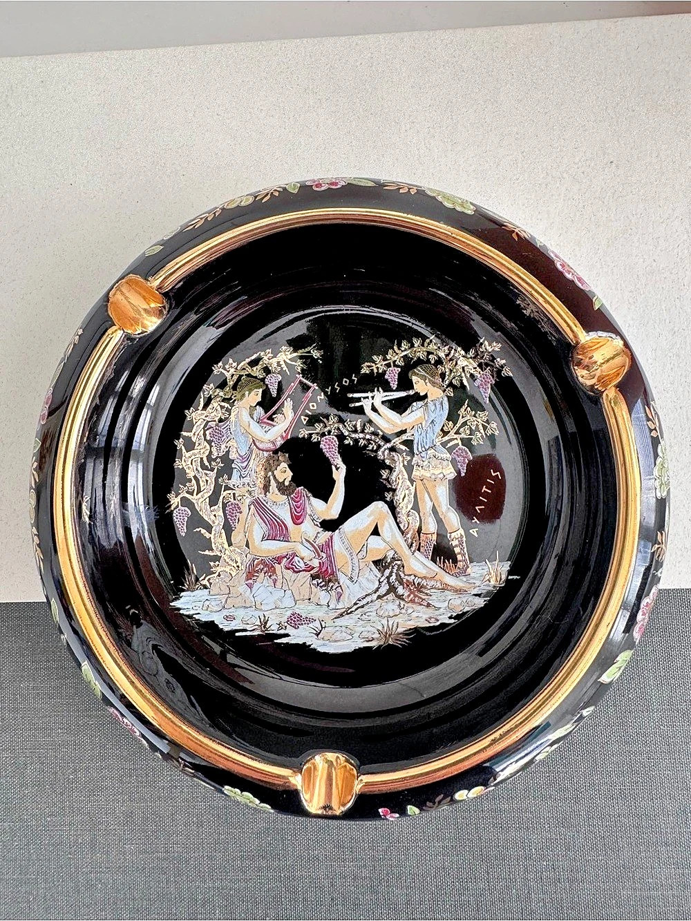 Greek Black Ceramic Ashtray or Trinket Dish - 24K Gold Trim